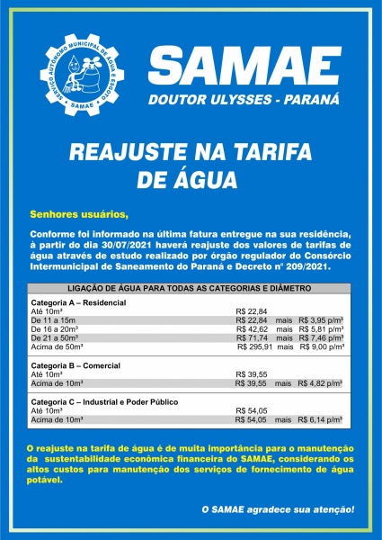Reajuste na tarifa de água a partir do dia 30 de Julho